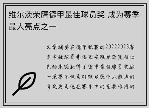 维尔茨荣膺德甲最佳球员奖 成为赛季最大亮点之一